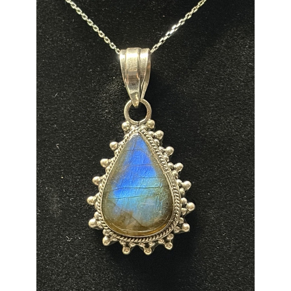 Sterling Silver Teardrop Labradorite Pendant Necklace Boho Statement